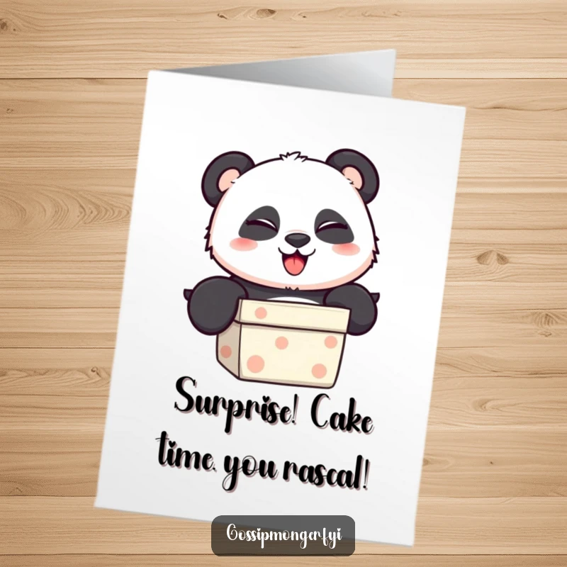 Funny Free Printable Birthday Card: Playful panda peeking from a gift box, winking mischievously for a birthday.