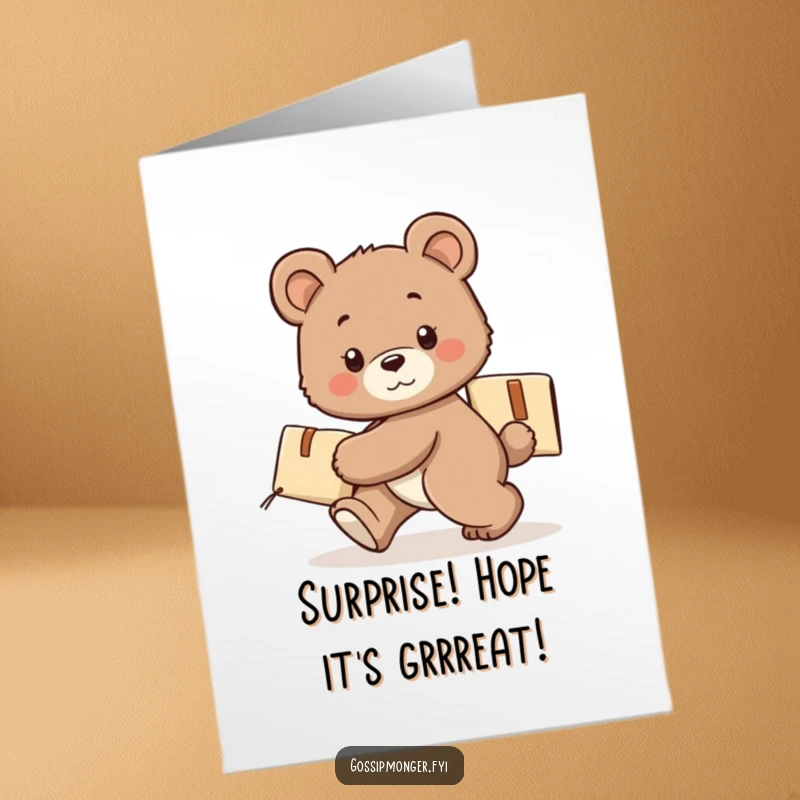 Funny Free Printable Birthday Card: A cute bear cub tiptoes with a mysterious package hidden behind its back.