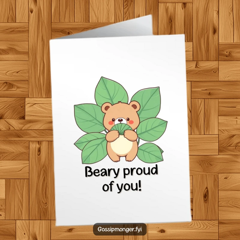 Funny Free Printable Congrats Card: Round bear with a giant leaf fan, celebrating success with downloadable cool.