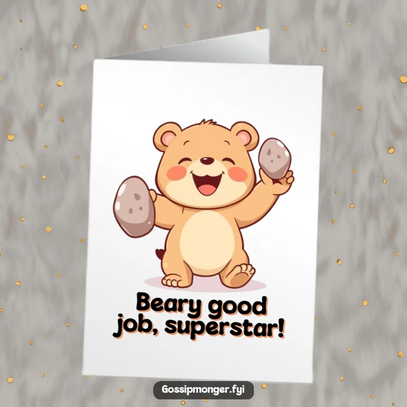 Funny Free Printable Congratulations Card featuring a joyful bear cub expertly juggling pebbles, symbolizing a successful accomplishment with downloadable flair.