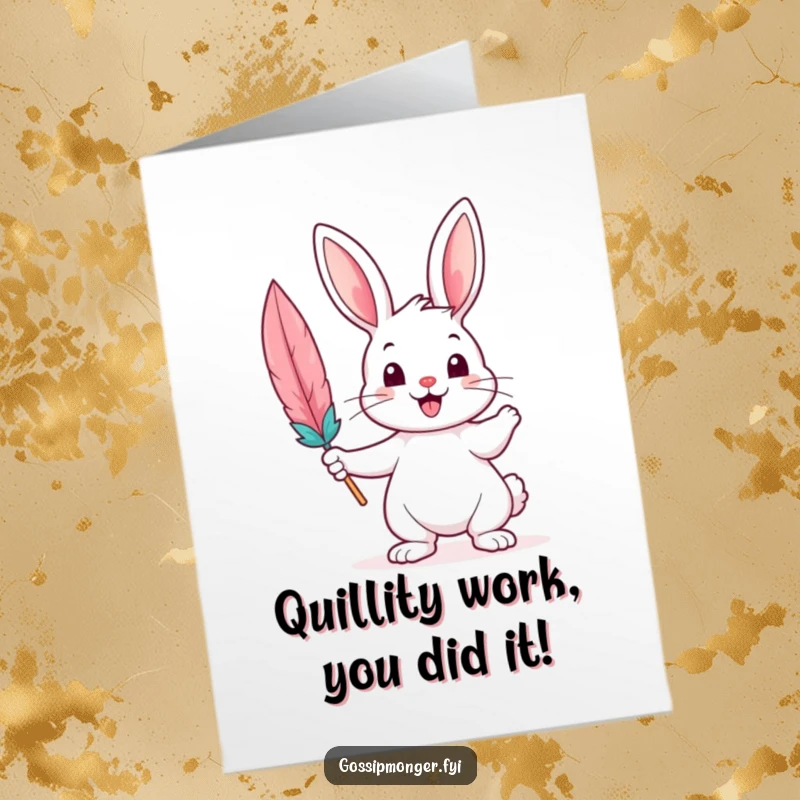 Funny free printable congratulations card: cheerful bunny holding a large feather quill mid-air, celebrating an achievement with humor.