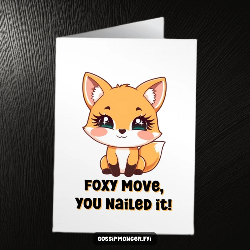 Funny Free Printable Congrats Card: Cheerful fox with sparkly eyelashes batting, celebrating success with downloadable glamour.
