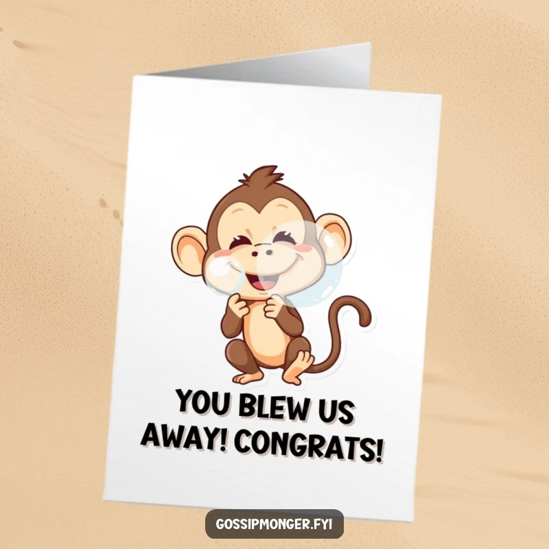 Funny Free Printable Congratulations Card with a mischievous monkey blowing a big bubble, a symbol of playful success.