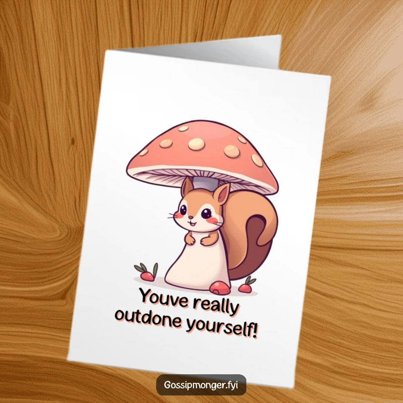 Funny free printable congratulations card featuring a curious squirrel peeking out from behind a large mushroom, hinting at good news.