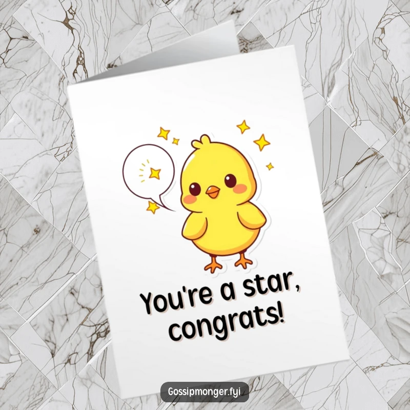 Funny Free Printable Congrats Card: Yellow chick's speech bubble filled with twinkling stars, celebrating success with downloadable charm.
