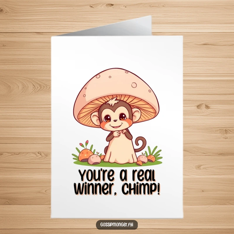 Funny Free Printable Congratulations Card with a mischievous monkey peeking behind a mushroom, secretly celebrating their achievement.