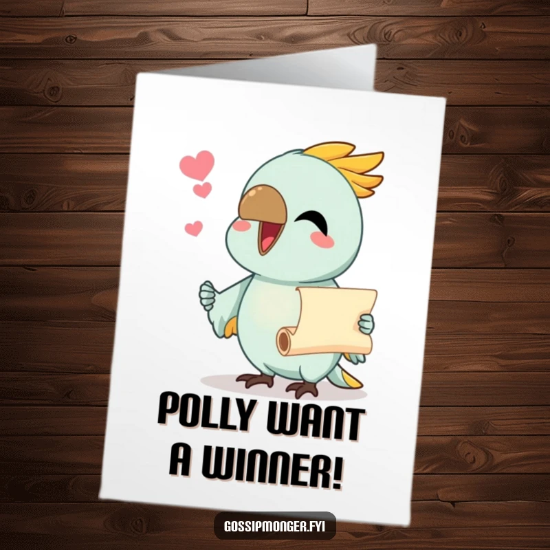 Funny Free Printable Congratulations Card shows an excited parrot with its beak open, unfurling a tiny scroll of congrats.