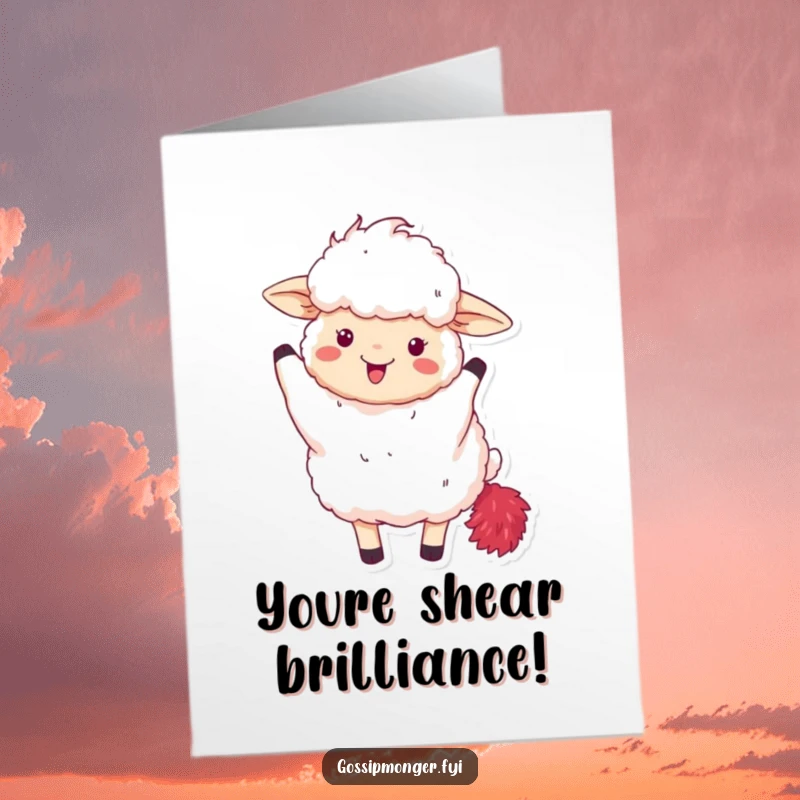 Funny Free Printable Congratulations Card: A fluffy sheep excitedly waves a red feather boa, celebrating success with flamboyant humor.