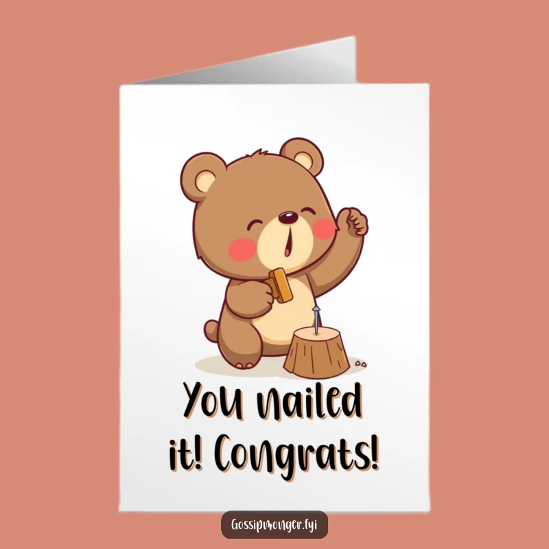 Free Printable Congratulations Card: Determined Bear Hammers Success, Downloadable Gift