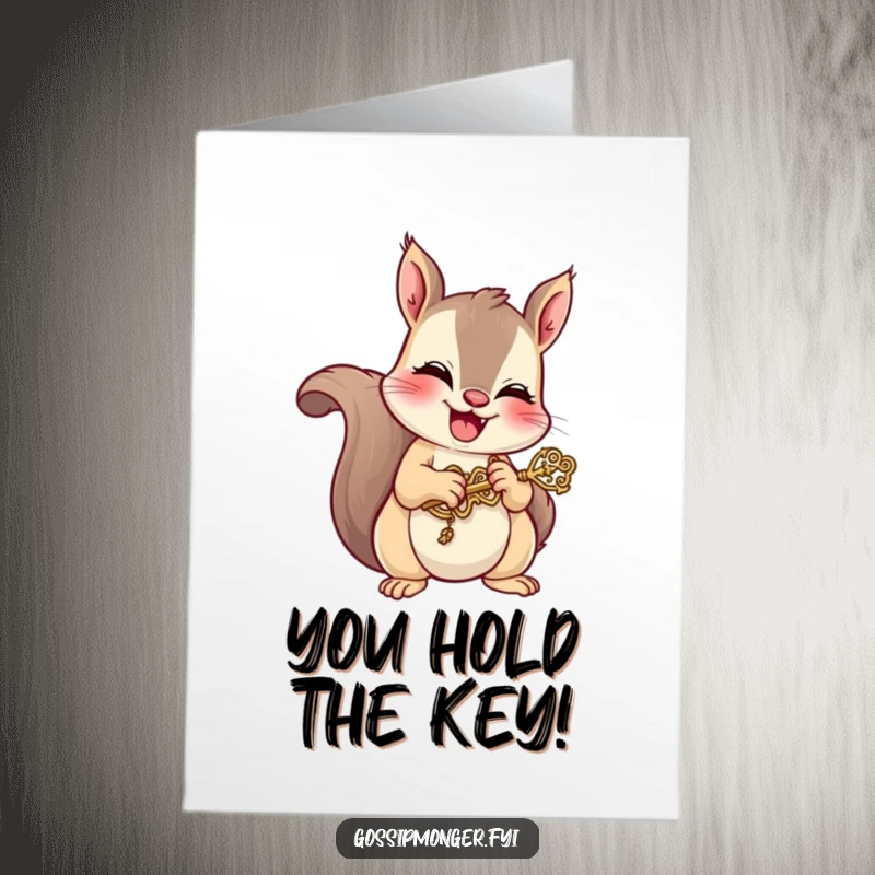 Funny free printable congratulations card: a mischievous squirrel giggles while holding a small, ornate key of achievement.