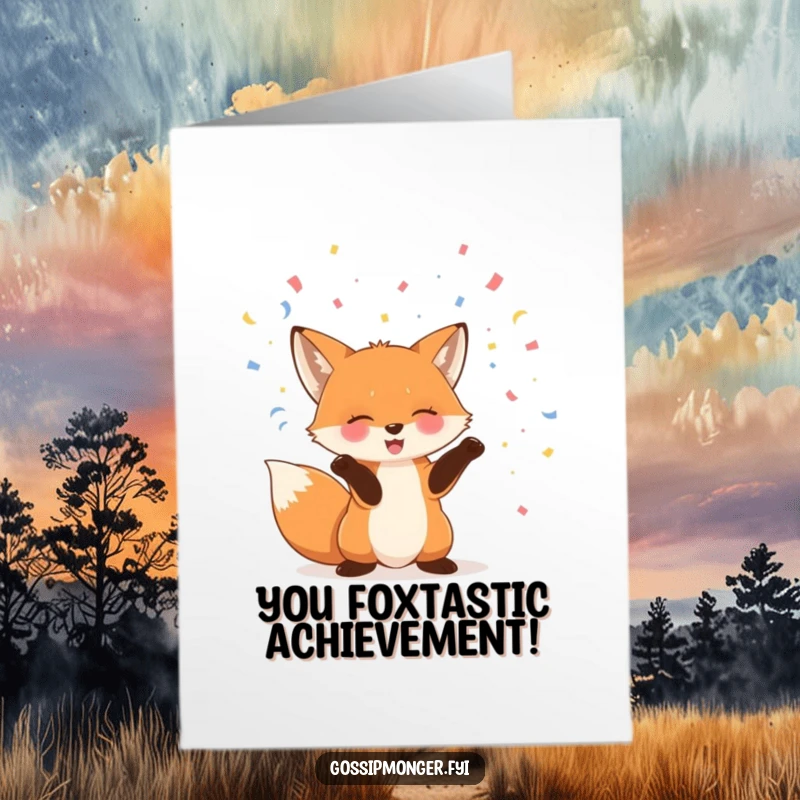 Funny Free Printable Congratulations Card featuring a giggling fox throwing confetti, symbolizing a successful event with downloadable flair.