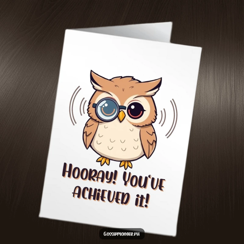 Funny Free Printable Congratulations Card: A sophisticated owl wearing a monocle intently listens to a sound wave, celebrating insight.