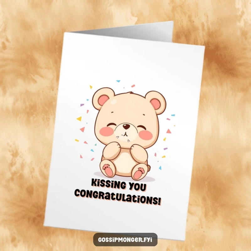 Funny Free Printable Bear Congratulations Card, a happy bear sending a kiss surrounded by a festive explosion of confetti, celebrating big wins.