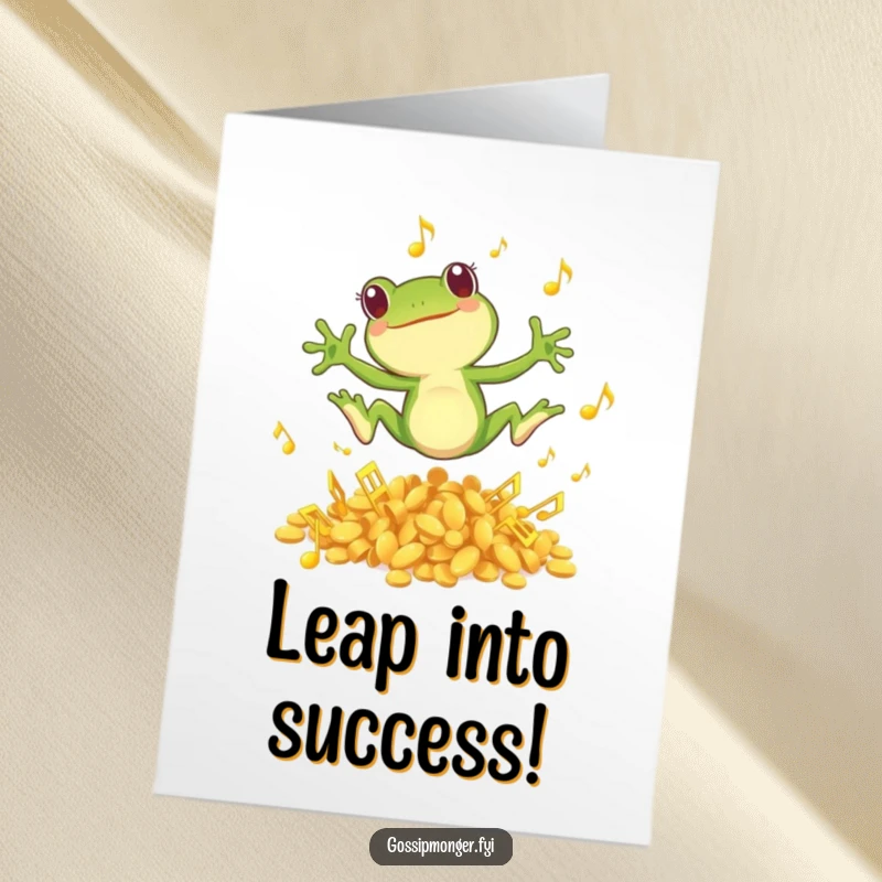 Free Printable Congratulations Card: A small green frog joyfully leaps from a stack of golden musical notes, celebrating a great success.