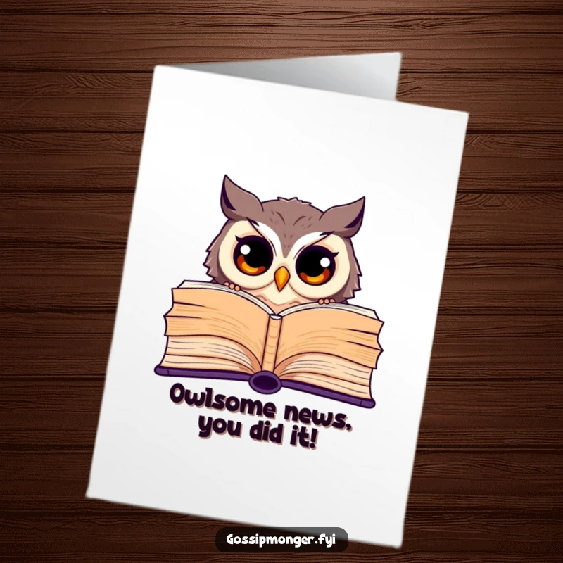 Funny Free Printable Congratulations Card featuring a wise owl peeking from behind a book, symbolizing shared success and news.
