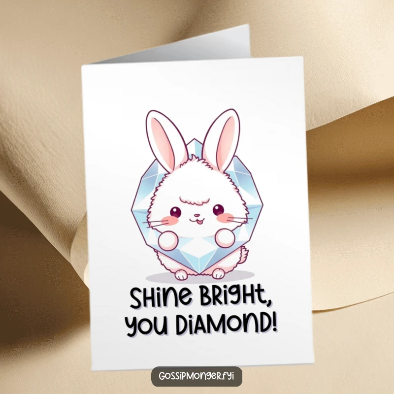 Funny free printable congratulations card: a cute, round bunny secretly peeks from behind a giant, dazzling diamond.