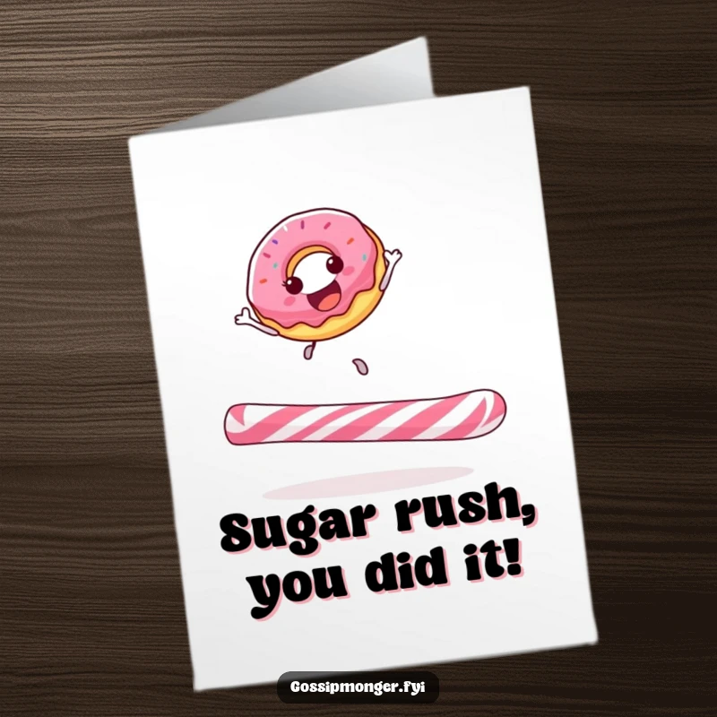 Funny Free Printable Congratulations Card: A jubilant donut joyfully bouncing high on a massive candy cane, celebrating an achievement.