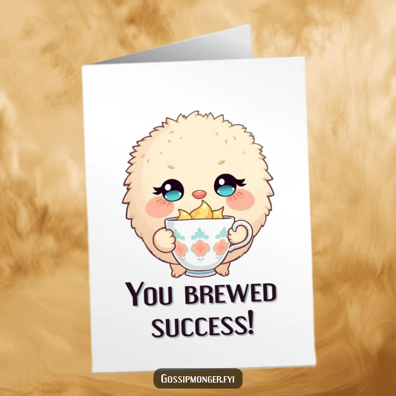 Funny Free Printable Congratulations Card: A fluffy creature with sparkling eyes winks slyly, holding a tiny overflowing teacup.