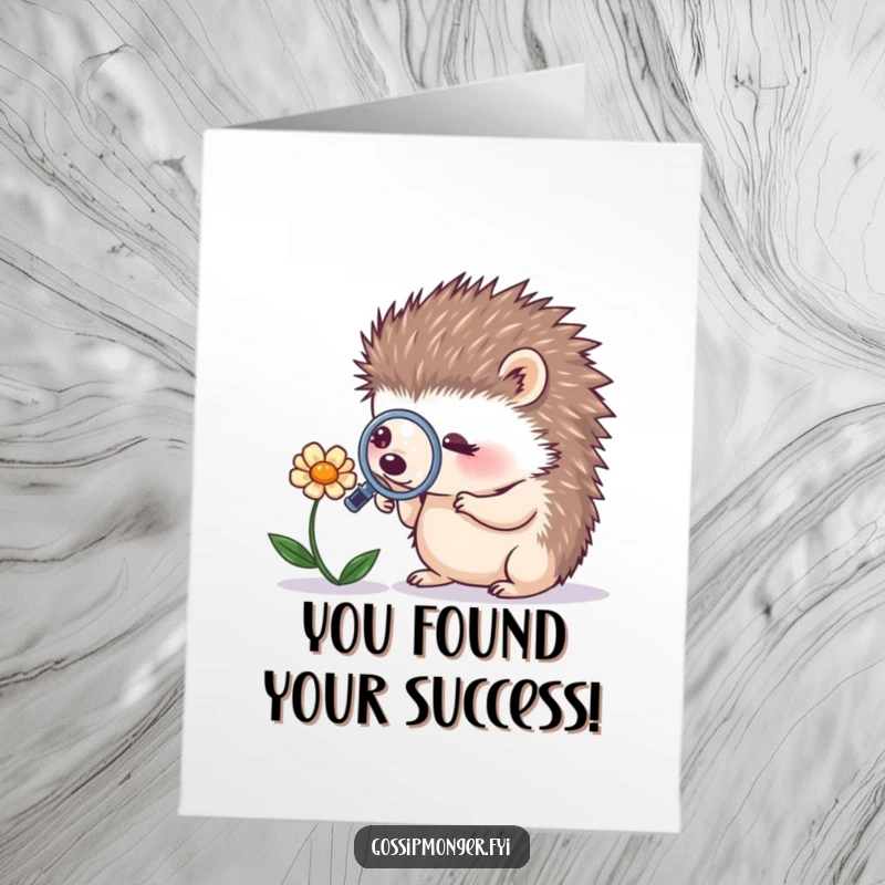 Funny Free Printable Congratulations Card: Tiny hedgehog with a magnifying glass intently studying a flower, celebrating a discovery.