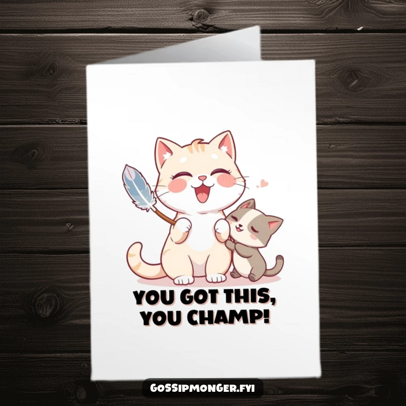 Funny Free Printable Congratulations Card: A happy cat shares a playful moment, tickling a friend with a feather duster.