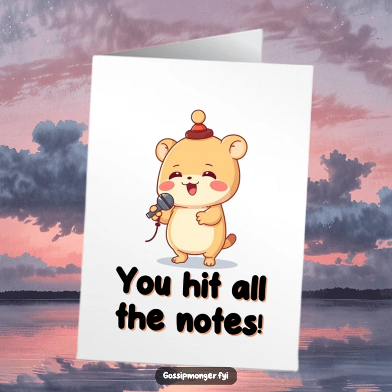 Funny Free Printable Congratulations Card: A delighted creature with tiny hat spins and holds a microphone.