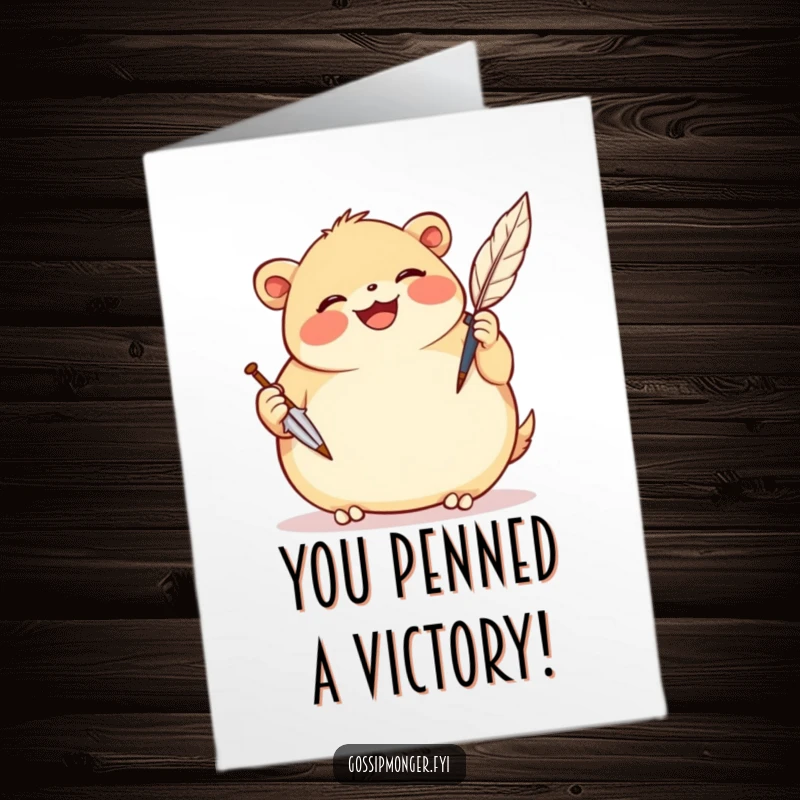 Funny Free Printable Congratulations Card: Plump, smiling creature gleefully scribbles notes with an oversized quill pen, celebrating.