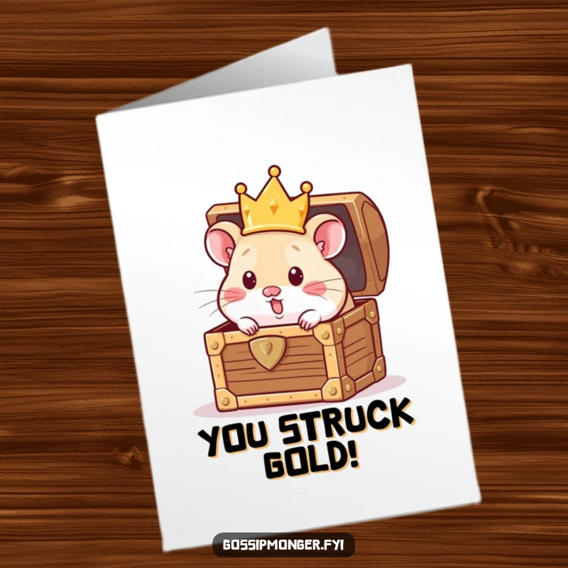 Funny Free Printable Congrats Card: Curious hamster in a tiny crown peeking from a treasure chest, celebrating a royal achievement.