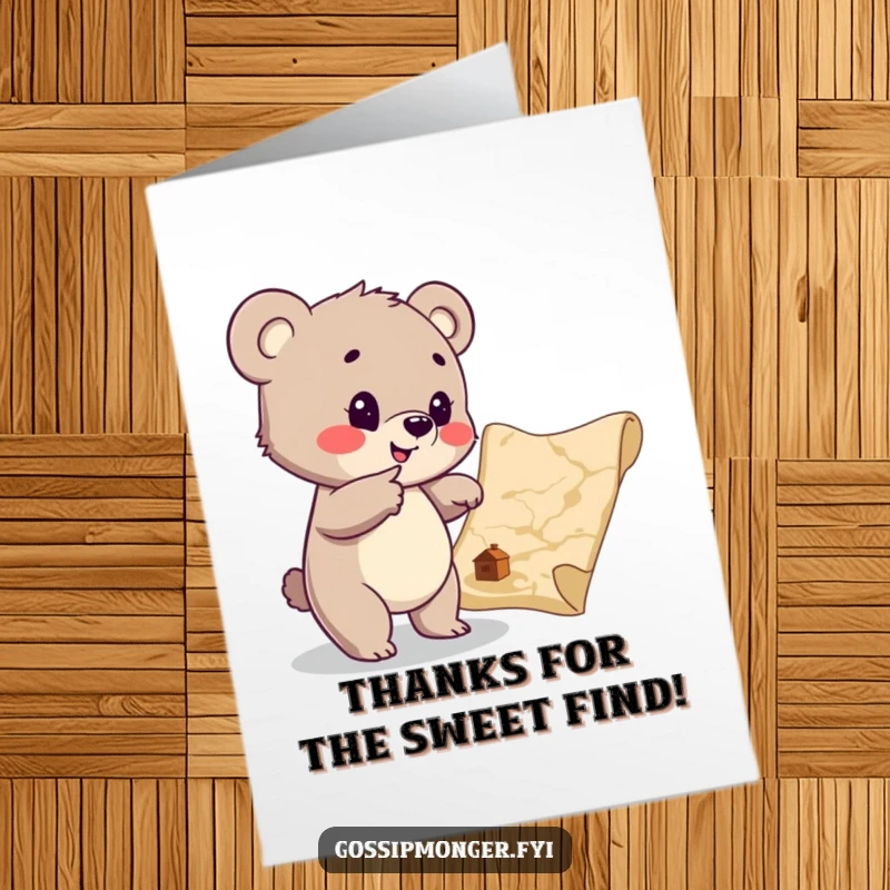 Funny Free Printable Thank You Card: A playful bear cub points to a treasure map, signaling thanks for a valuable find.