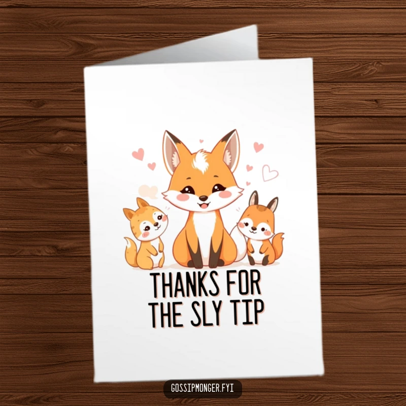 Funny Free Printable Thank You Card: A smiling fox shares whispers with delighted woodland creatures, conveying deep gratitude.