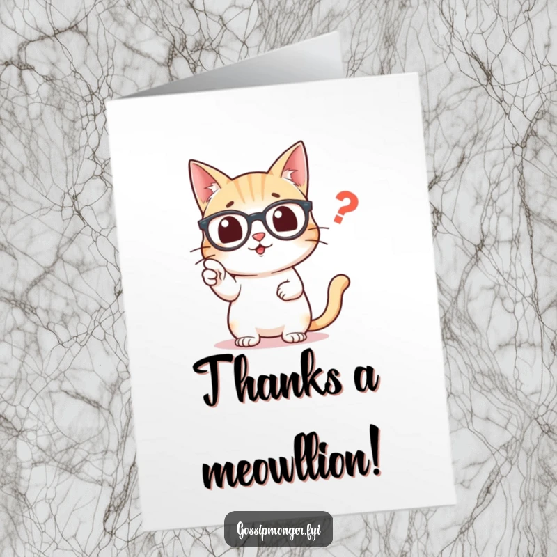 Funny Free Printable Thank You Card showcasing a studious cat in glasses highlighting a misplaced comma with a thank you sentiment.