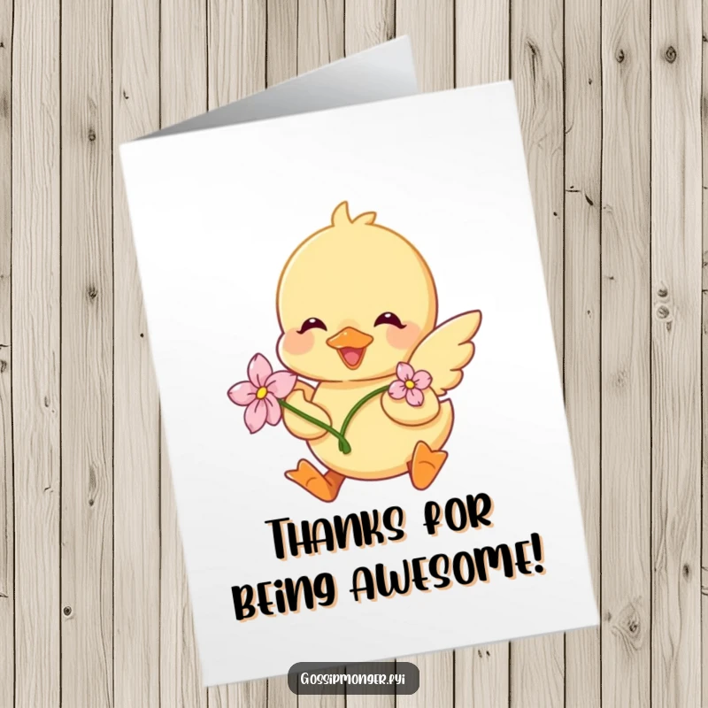 Funny Free Printable Thank You Card: A flower-adorned duckling joyfully fluttering its wings to express thanks.
