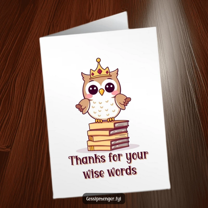 Funny Free Printable Thank You Card: Giggling owl in a crown sits on whispering letters, conveying thanks. Wise and whimsical appreciation.