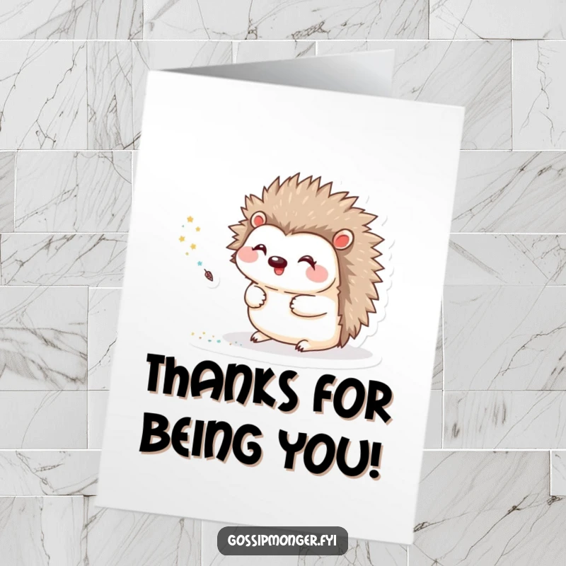 Funny Free Printable Thank You Card: Happy hedgehog leaving a glitter trail with a quill, expressing heartfelt thanks.