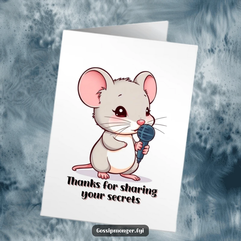 Funny Free Printable Thank You Card: A small mouse holds a tiny microphone, leaning towards the listener to share a secret thanks.