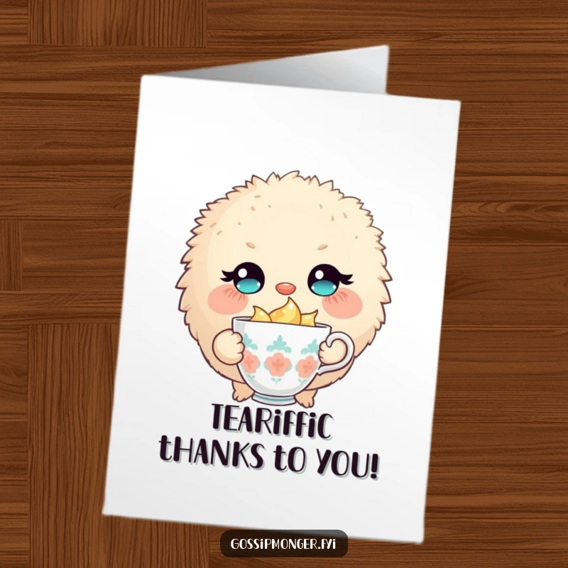 Funny Free Printable Thank You Card: A round, fluffy creature with sparkling eyes winks slyly holding a tiny teacup.