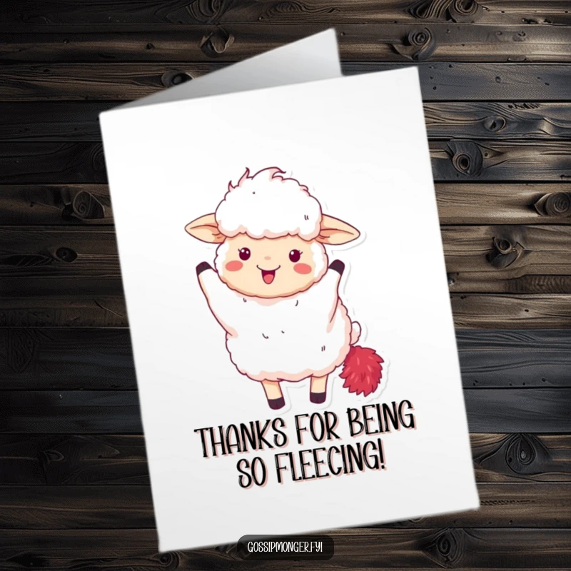 Funny Free Printable Thank You Card: A fluffy sheep excitedly waves a red feather boa, conveying thanks with fabulous humor.