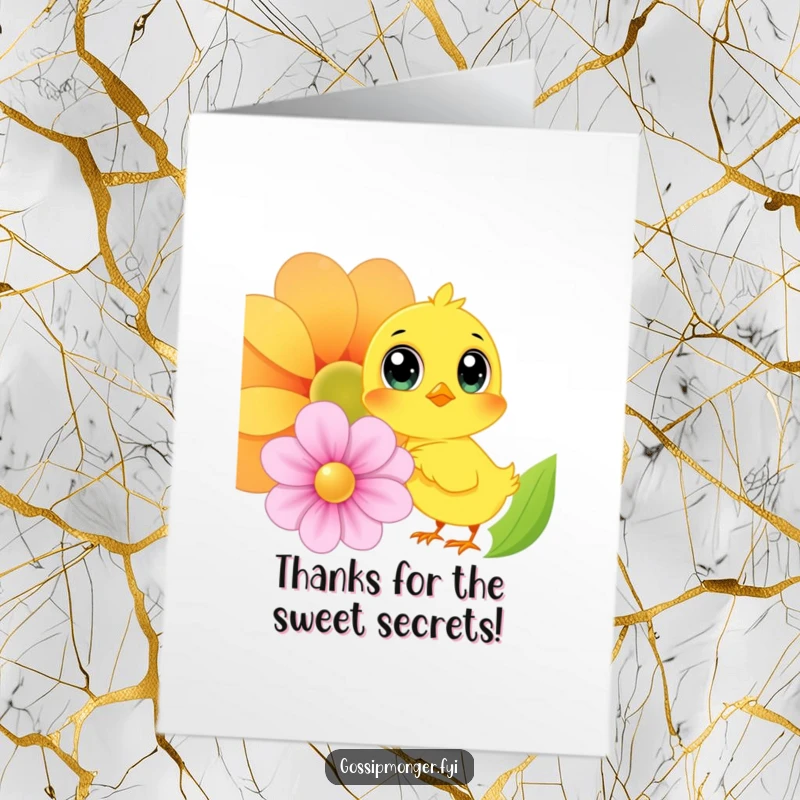 Funny Free Printable Thank You Card: Yellow chick with expressive eyes whispers into a big flower, conveying thanks with wit.