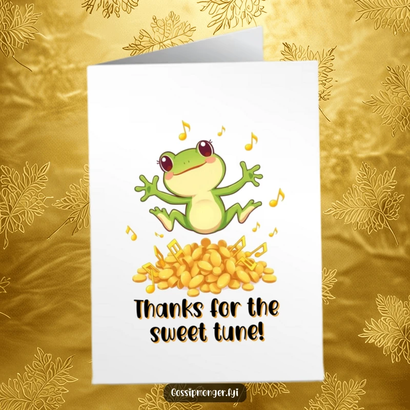 Funny Free Printable Thank You Card: A green frog leaps joyfully from golden musical notes, offering thanks with a playful spirit.