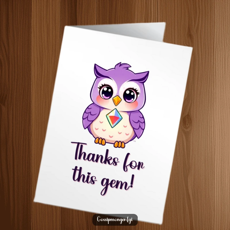 Funny Free Printable Thank You Card: A purple owl with wide eyes shares a radiant gem, expressing thanks with generosity.