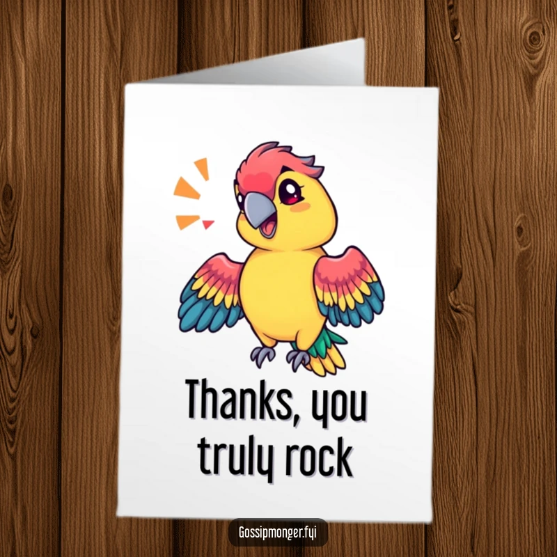 Funny Free Printable Thank You Card: Technicolor parrot with a sassy head tilt, flapping wings to mimic a sound.