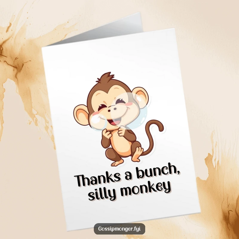 Funny Free Printable Thank You Card showing a mischievous monkey blowing a large bubble, a lighthearted downloadable expression.