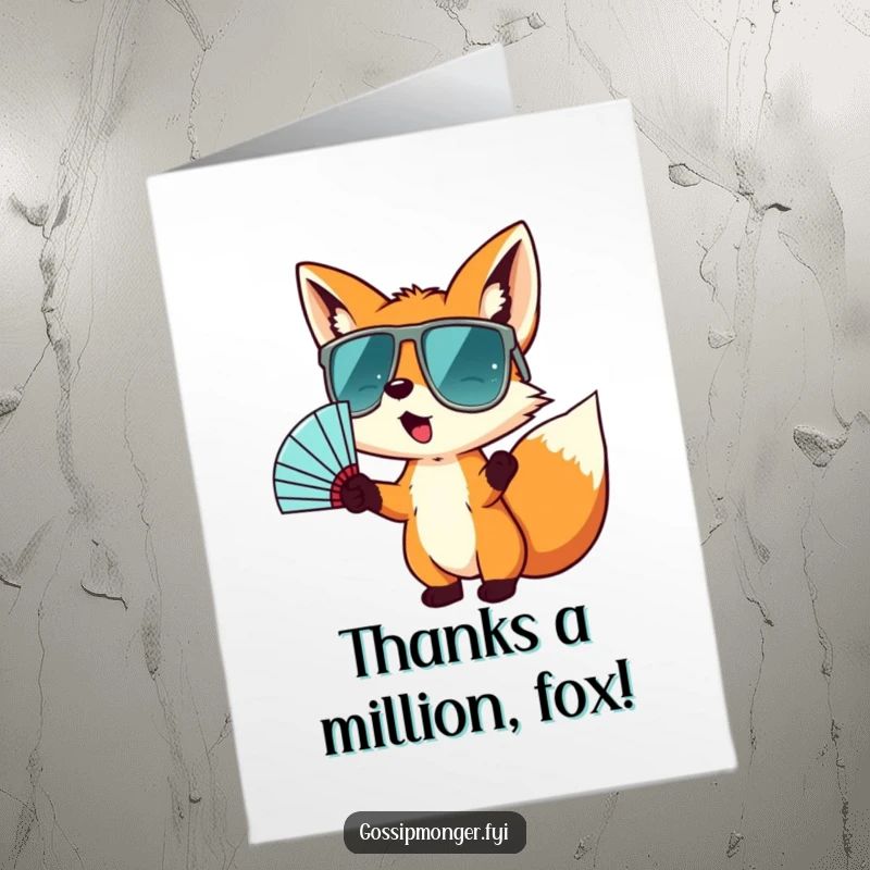 Funny free printable thank you card: a tiny fox in huge sunglasses gestures wildly with a fan, expressing thanks.