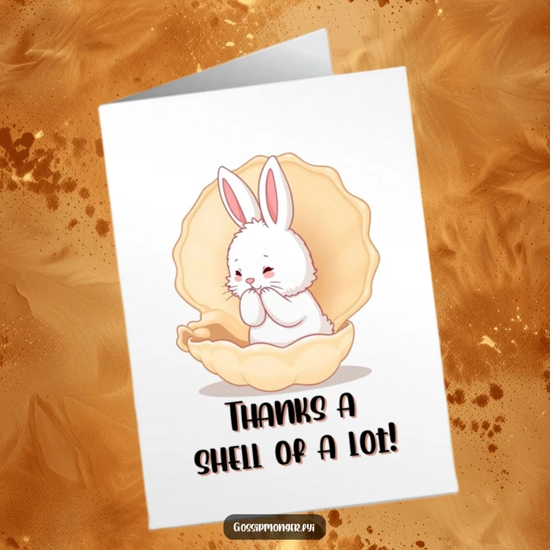 Funny Free Printable Thank You Card: Bunny whispering thanks into a conch shell, a sweet and humorous downloadable card.