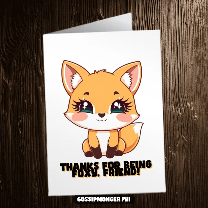 Funny Free Printable Thank You Card: A cheerful fox batting sparkly eyelashes, sending thanks with downloadable charm.