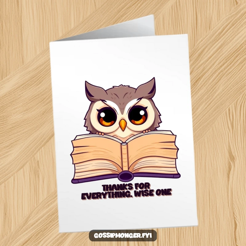 Funny Free Printable Thank You Card with a curious owl peeking from a book, conveying heartfelt thanks with a smile.