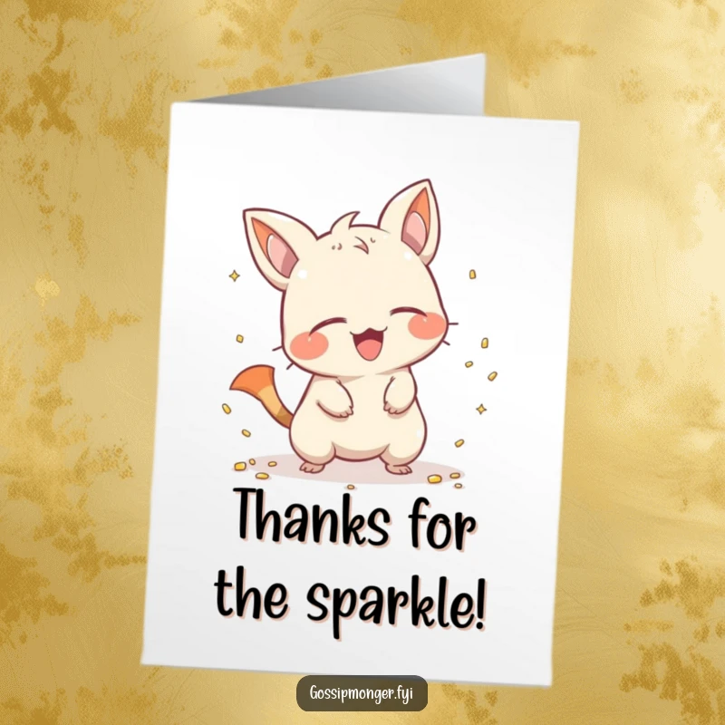 Funny Free Printable Thank You Card: Mischievous creature with a pointy tail giggling while scattering shiny objects.