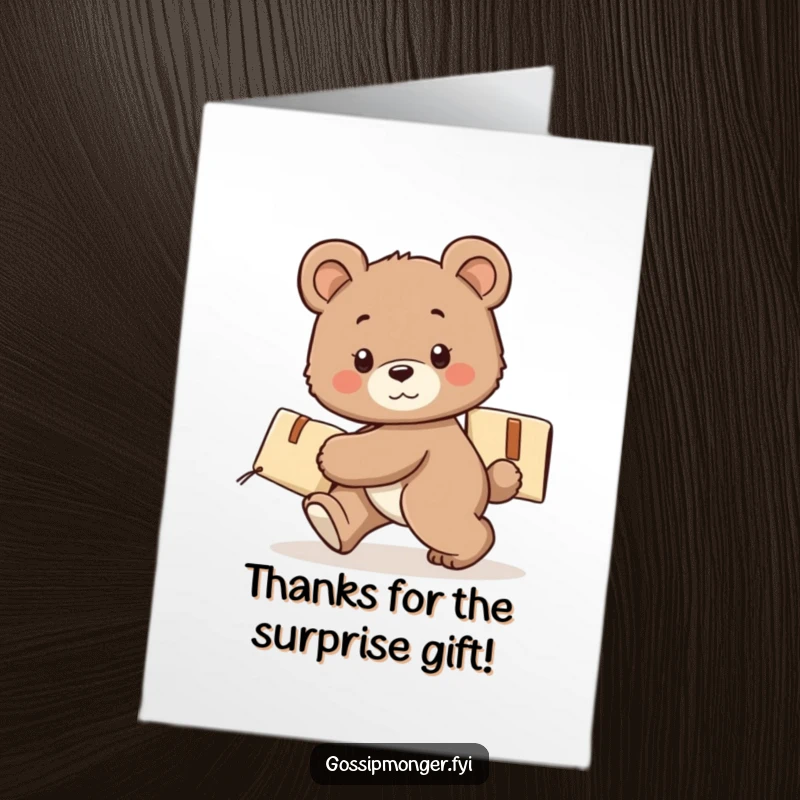 Funny Free Printable Thank You Card: A cute bear cub tiptoes, carrying a secret package as a token of thanks.