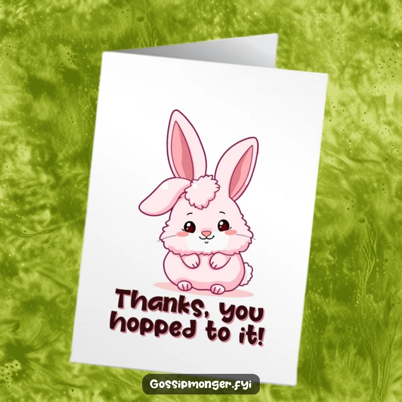 Funny Free Printable Thank You Card: a fluffy pink bunny peeking from behind its large ear, sharing a thankful secret.