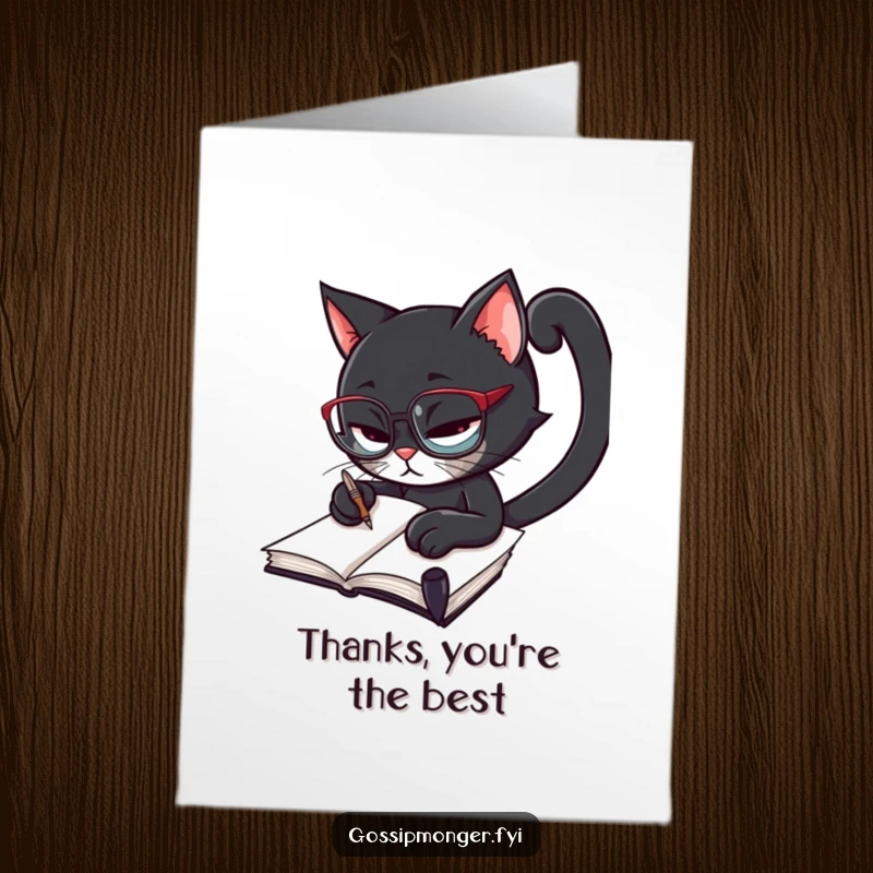Funny Free Printable Thank You Card: Black cat wearing glasses diligently writing, appreciating a thoughtful gesture.