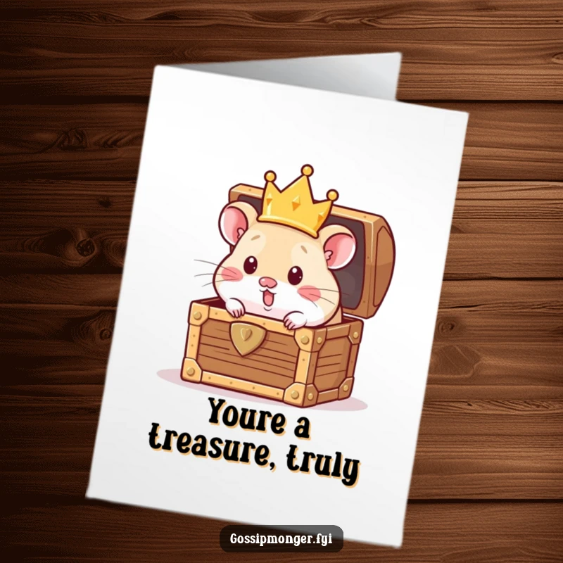 Funny Free Printable Thank You Card: Curious hamster in a tiny crown peeking from a treasure chest, offering thanks for a great find.